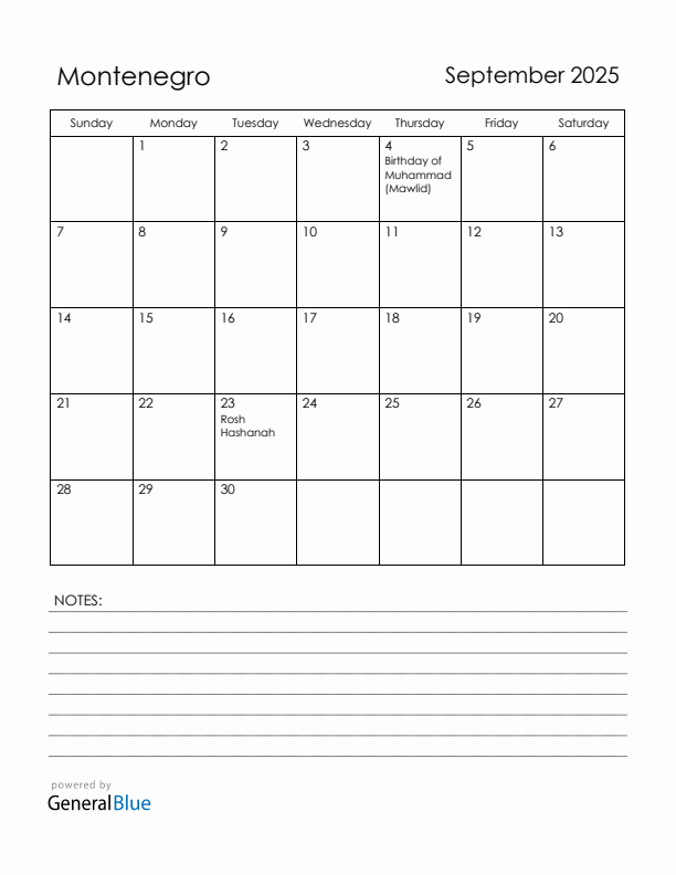 September 2025 Montenegro Calendar with Holidays (Sunday Start)