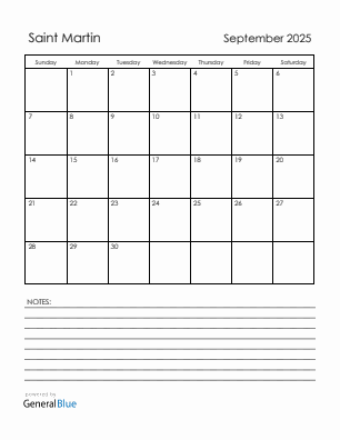 Current month calendar with Saint Martin holidays for September 2025