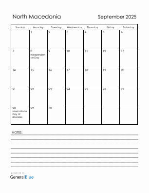 Current month calendar with North Macedonia holidays for September 2025