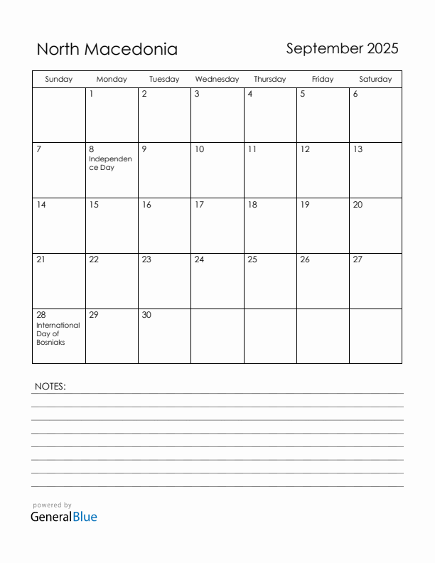September 2025 North Macedonia Calendar with Holidays (Sunday Start)