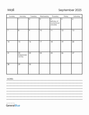 Current month calendar with Mali holidays for September 2025
