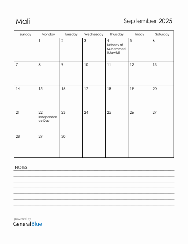 September 2025 Mali Calendar with Holidays (Sunday Start)