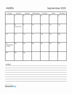 Current month calendar with Malta holidays for September 2025