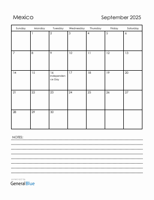 Current month calendar with Mexico holidays for September 2025