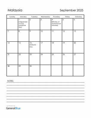 Current month calendar with Malaysia holidays for September 2025