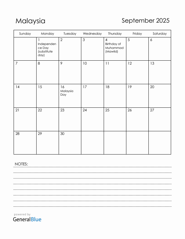 September 2025 Malaysia Calendar with Holidays (Sunday Start)