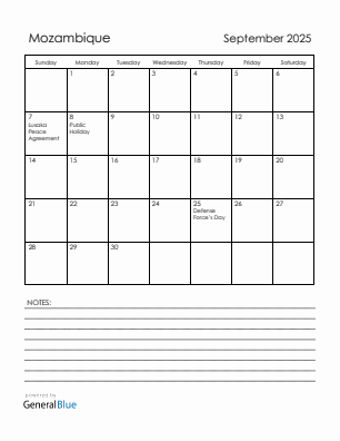 Current month calendar with Mozambique holidays for September 2025