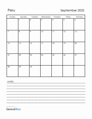 Current month calendar with Peru holidays for September 2025