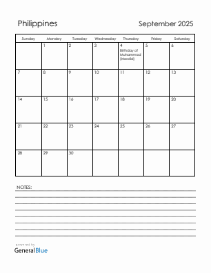 Current month calendar with Philippines holidays for September 2025