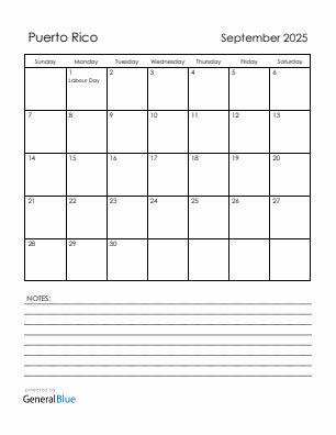 Current month calendar with Puerto Rico holidays for September 2025