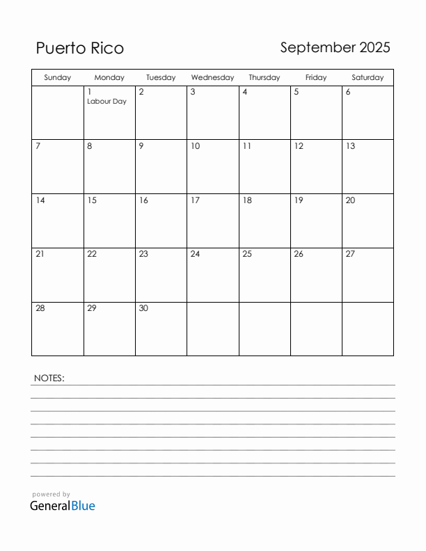 September 2025 Puerto Rico Calendar with Holidays (Sunday Start)