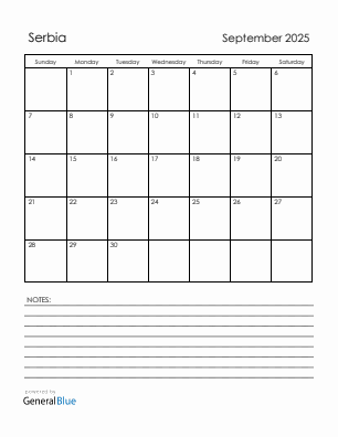 Current month calendar with Serbia holidays for September 2025