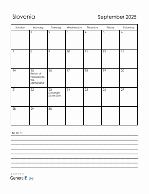 Current month calendar with Slovenia holidays for September 2025