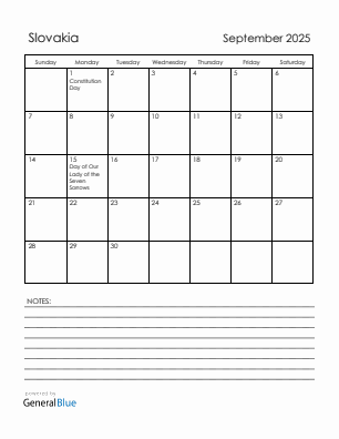 Current month calendar with Slovakia holidays for September 2025