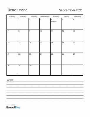 Current month calendar with Sierra Leone holidays for September 2025