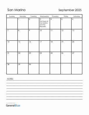 Current month calendar with San Marino holidays for September 2025