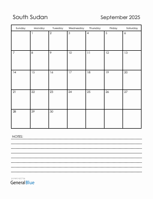 Current month calendar with South Sudan holidays for September 2025
