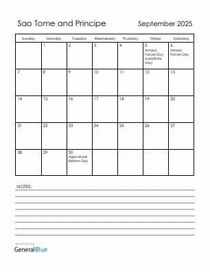 Current month calendar with Sao Tome and Principe holidays for September 2025