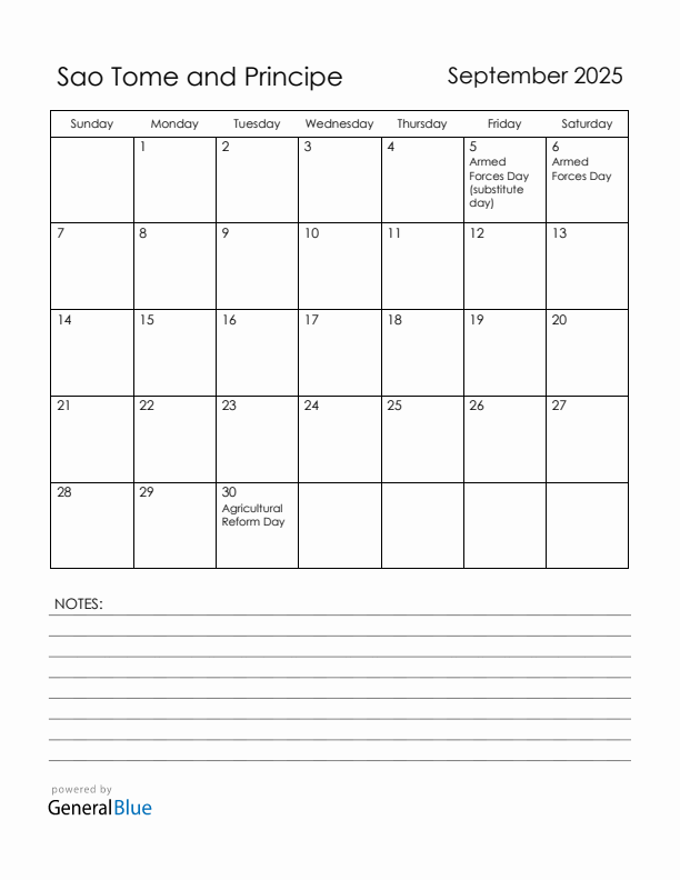 September 2025 Sao Tome and Principe Calendar with Holidays (Sunday Start)