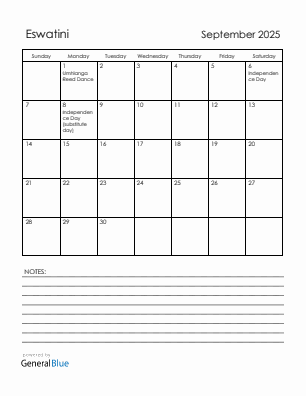 Current month calendar with Eswatini holidays for September 2025