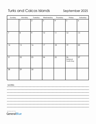 Current month calendar with Turks and Caicos Islands holidays for September 2025