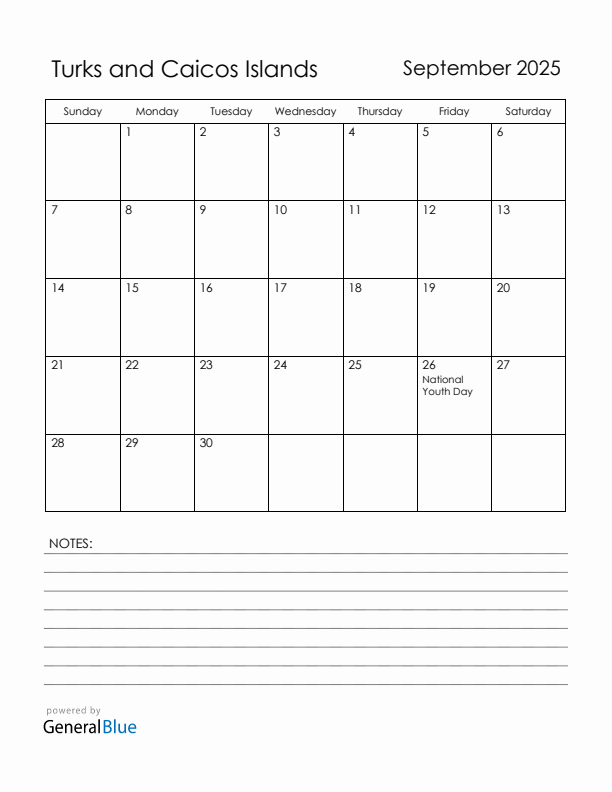 September 2025 Turks and Caicos Islands Calendar with Holidays (Sunday Start)