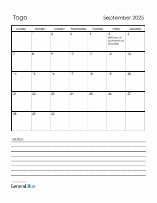 Current month calendar with Togo holidays for September 2025
