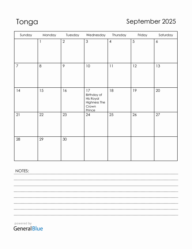 September 2025 Tonga Calendar with Holidays (Sunday Start)