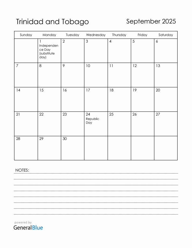 September 2025 Trinidad and Tobago Calendar with Holidays (Sunday Start)