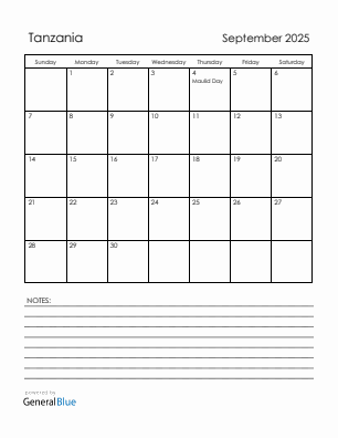 Current month calendar with Tanzania holidays for September 2025