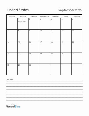 Current month calendar with United States holidays for September 2025