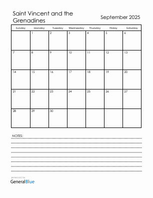 Current month calendar with Saint Vincent and the Grenadines holidays for September 2025