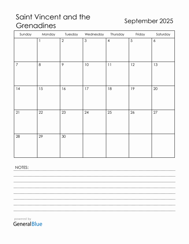 September 2025 Saint Vincent and the Grenadines Calendar with Holidays (Sunday Start)