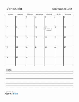 Current month calendar with Venezuela holidays for September 2025