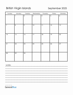 Current month calendar with British Virgin Islands holidays for September 2025