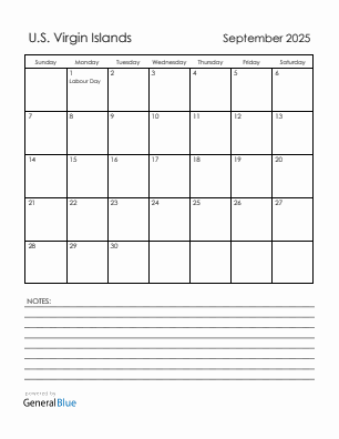 Current month calendar with U.S. Virgin Islands holidays for September 2025