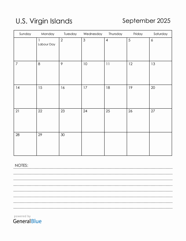September 2025 U.S. Virgin Islands Calendar with Holidays (Sunday Start)