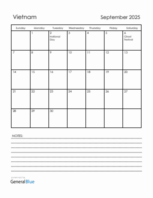 Current month calendar with Vietnam holidays for September 2025