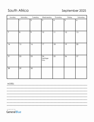 Current month calendar with South Africa holidays for September 2025