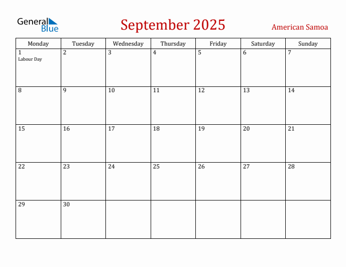 American Samoa September 2025 Calendar - Monday Start