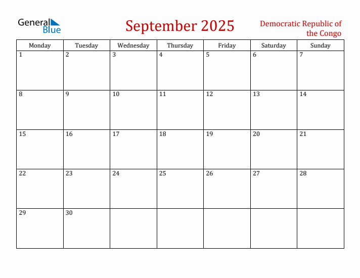 Democratic Republic of the Congo September 2025 Calendar - Monday Start
