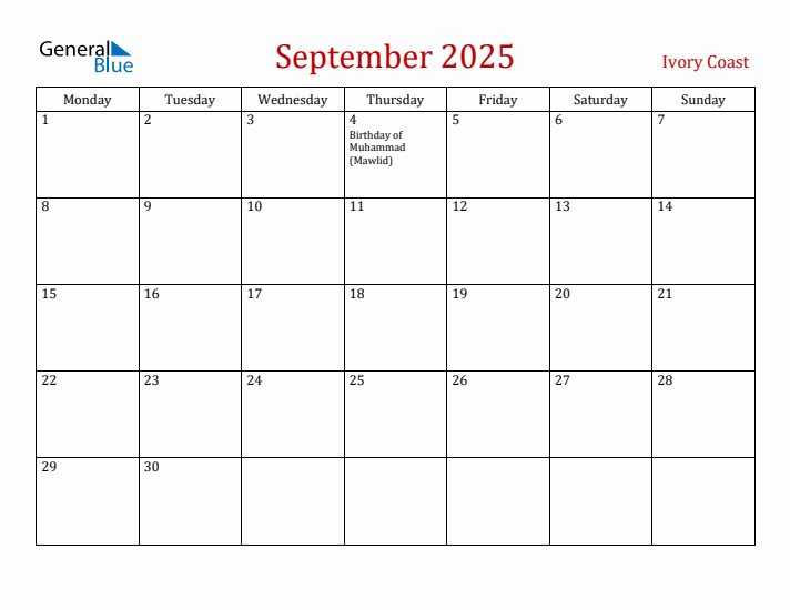Ivory Coast September 2025 Calendar - Monday Start