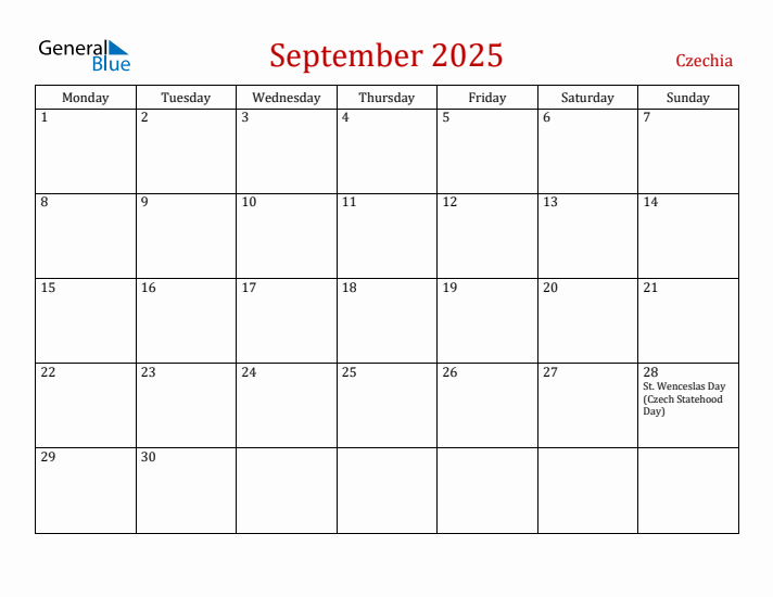 Czechia September 2025 Calendar - Monday Start