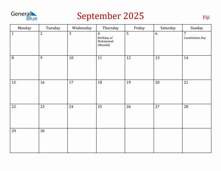 Fiji September 2025 Calendar - Monday Start