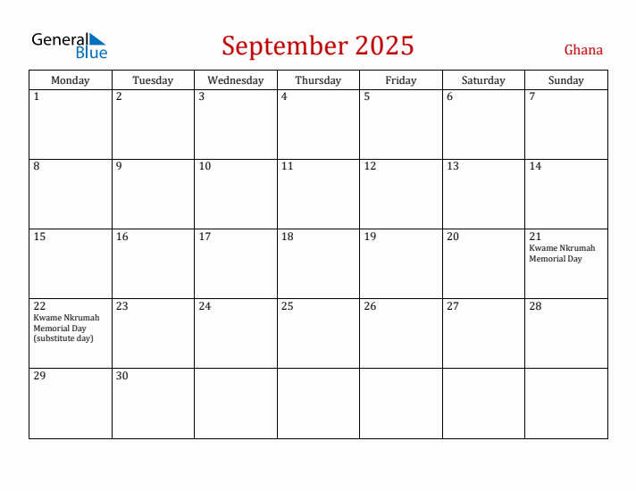 Ghana September 2025 Calendar - Monday Start