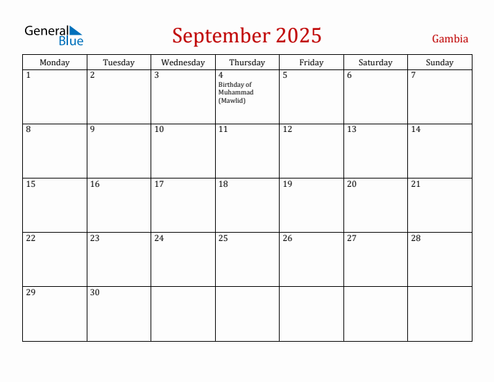 Gambia September 2025 Calendar - Monday Start
