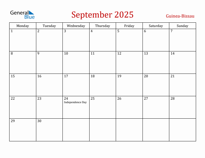 Guinea-Bissau September 2025 Calendar - Monday Start