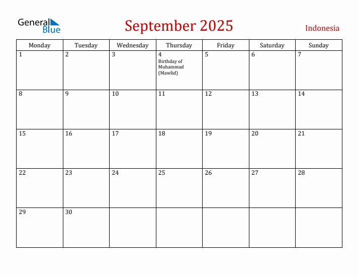 Indonesia September 2025 Calendar - Monday Start