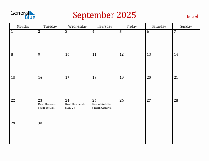 Israel September 2025 Calendar - Monday Start