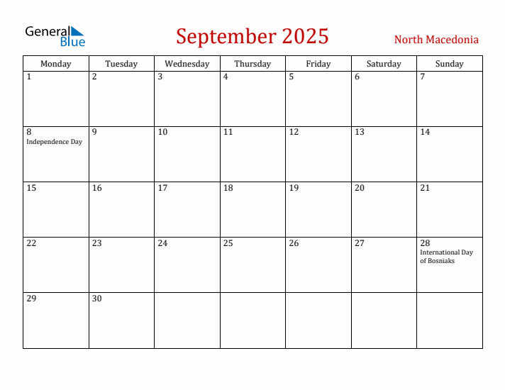 North Macedonia September 2025 Calendar - Monday Start